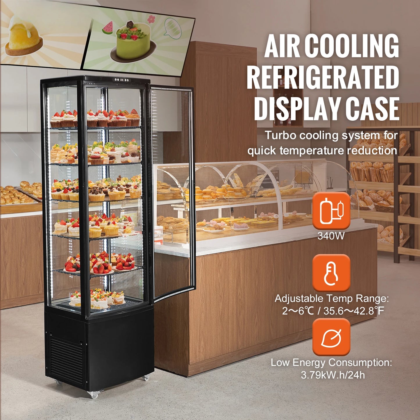 SucceBuy 3.5/4.2/5/9.8 cft Refrigerated Display Case Large Commercial Pastry Display Refrigerator with LED Lighting for Bakery