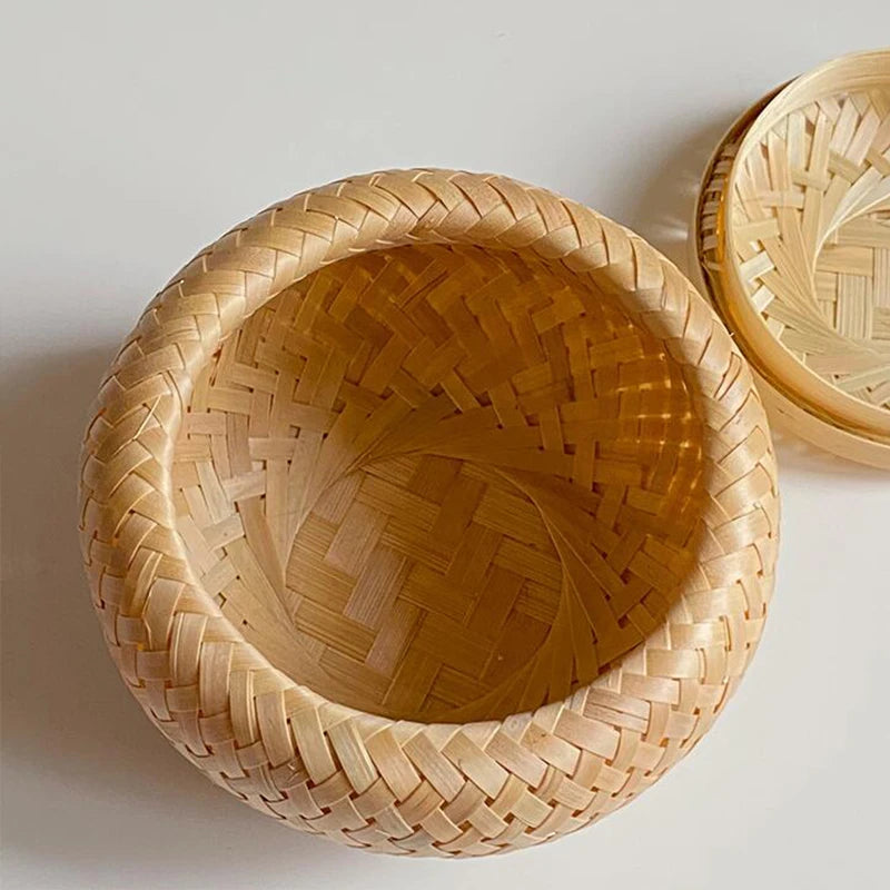 Bamboo Storage Basket With Lid Double Layer Handmade Woven Tea Basket Tabletop Storage Box for Tea Fruit Dried Fruit Snack Food