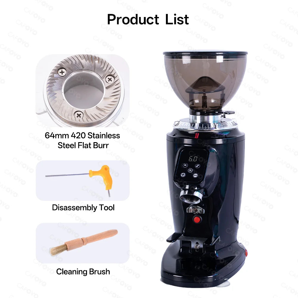 CAFOVO G264F 64mm Flat Burr Coffee Grinder with Digital Timer for Espresso Static-Free Single-dose Grinder Coffee Mill