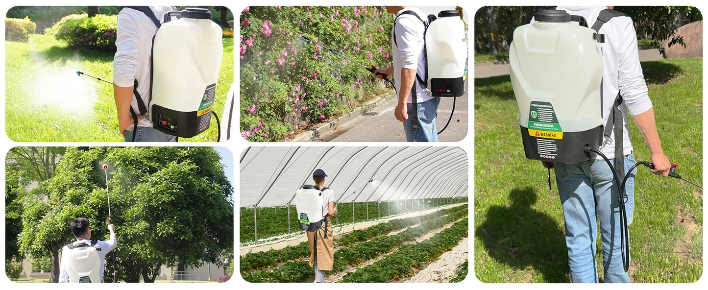 4-Gallon Battery-Powered Backpack Sprayer 16L capacity, 75 PSI electric pump. Includes 2.5Ah battery + charger. Lightweight, powerful for gardens, lawns, weeds, or pest control.