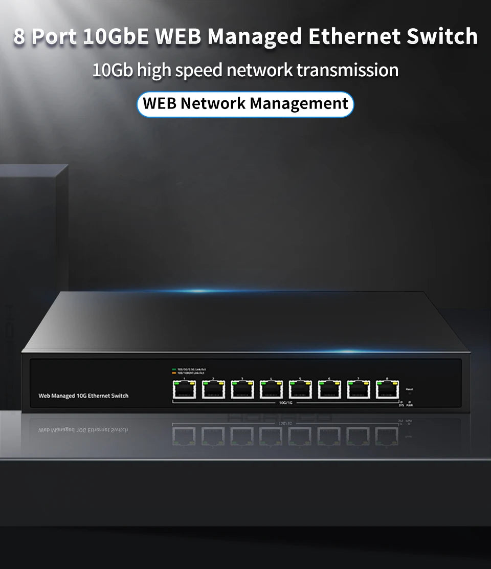 GoodTop 8 Port 10Gb Web Managed Ethernet Switch 10G Network Switch Homelab Network Hub Internet Splitter LACP/VLAN/DHCP Client