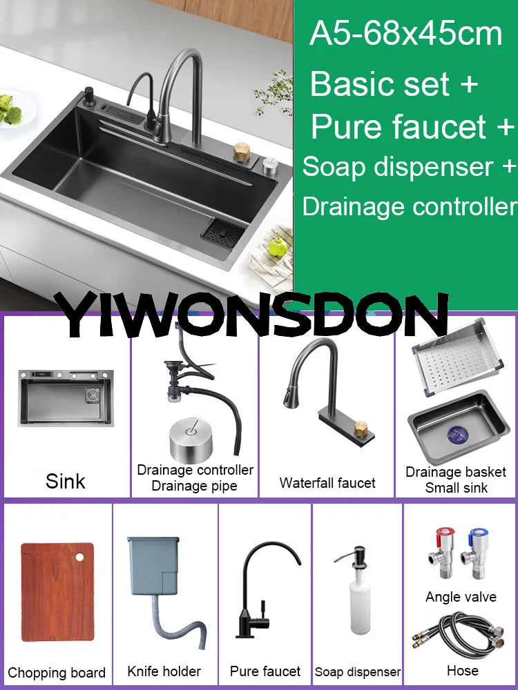 Multifunction Black Nano Kitchen Sink Waterfall Faucet Large Single Bowl Cup Washer Pure Tap Soap Dispenser 304 Stainless Steel