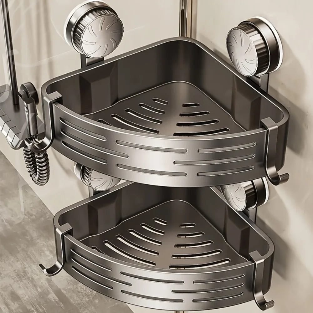 Triangular Space-Saving Suction Cup Bathroom Storage Shelf  No Drilling Required Multifunctional Storage Organizer with Hooks
