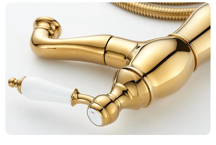 Gold Bathroom Ceramic handle Basin Faucets Pull Out Mixers Sink Faucet Washbasin Taps Water Tap Tapware Crane Brass Material