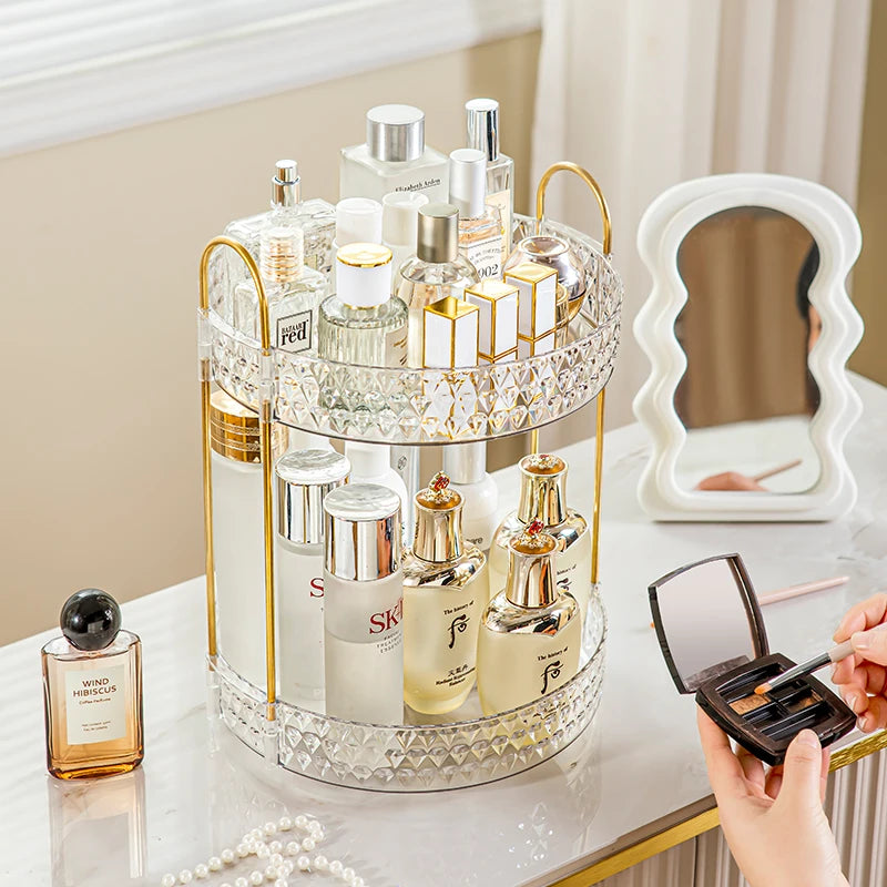 360° Rotating Cosmetic Organizer – 3-Tier Design Transparent diamond pattern rack with smooth rotation. Stylish, space-saving storage for bathroom or vanity essentials.