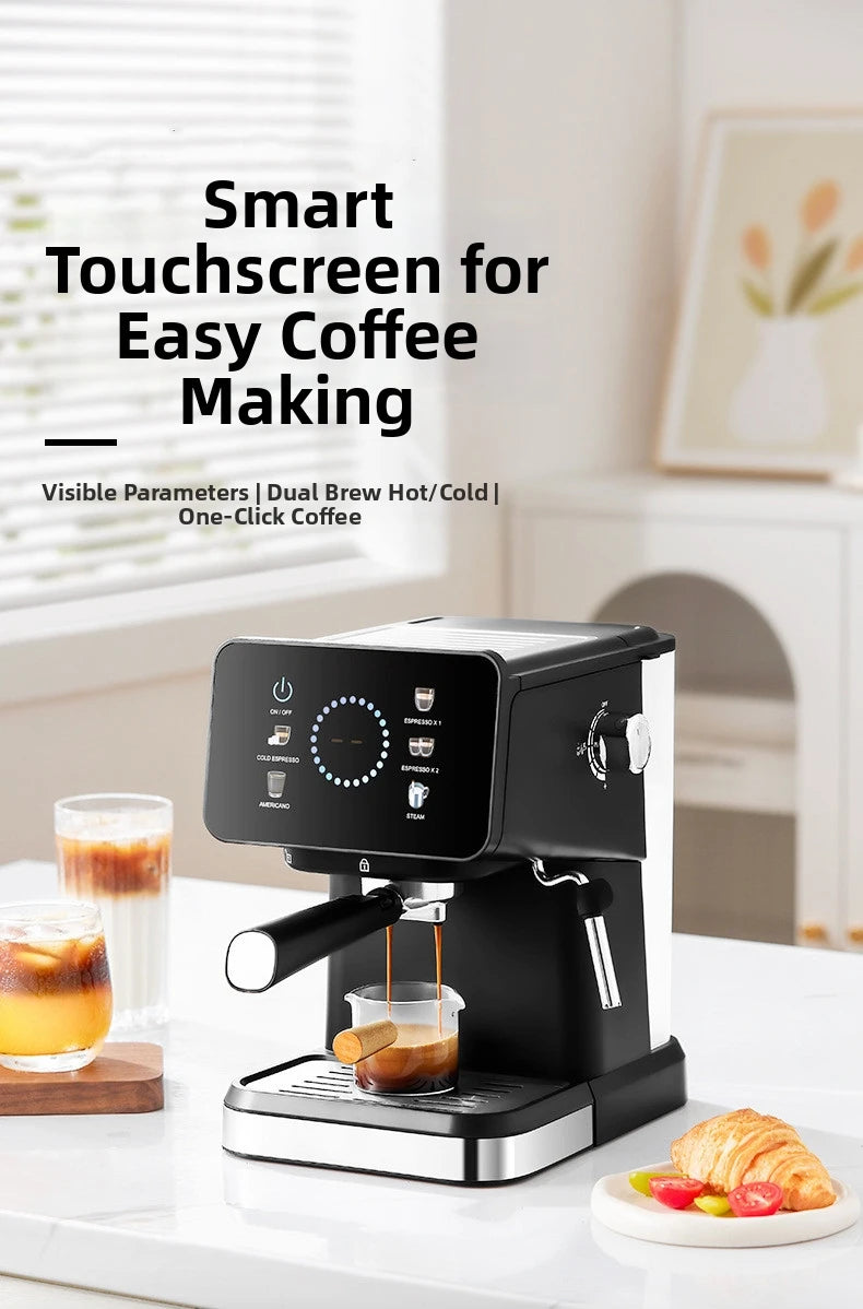 20Bar Espresso Machine – Dual Brew Hot & Cold Features smart touchscreen, milk frother, fast heating, and energy-saving design. Ideal for home baristas to craft café-quality drinks.