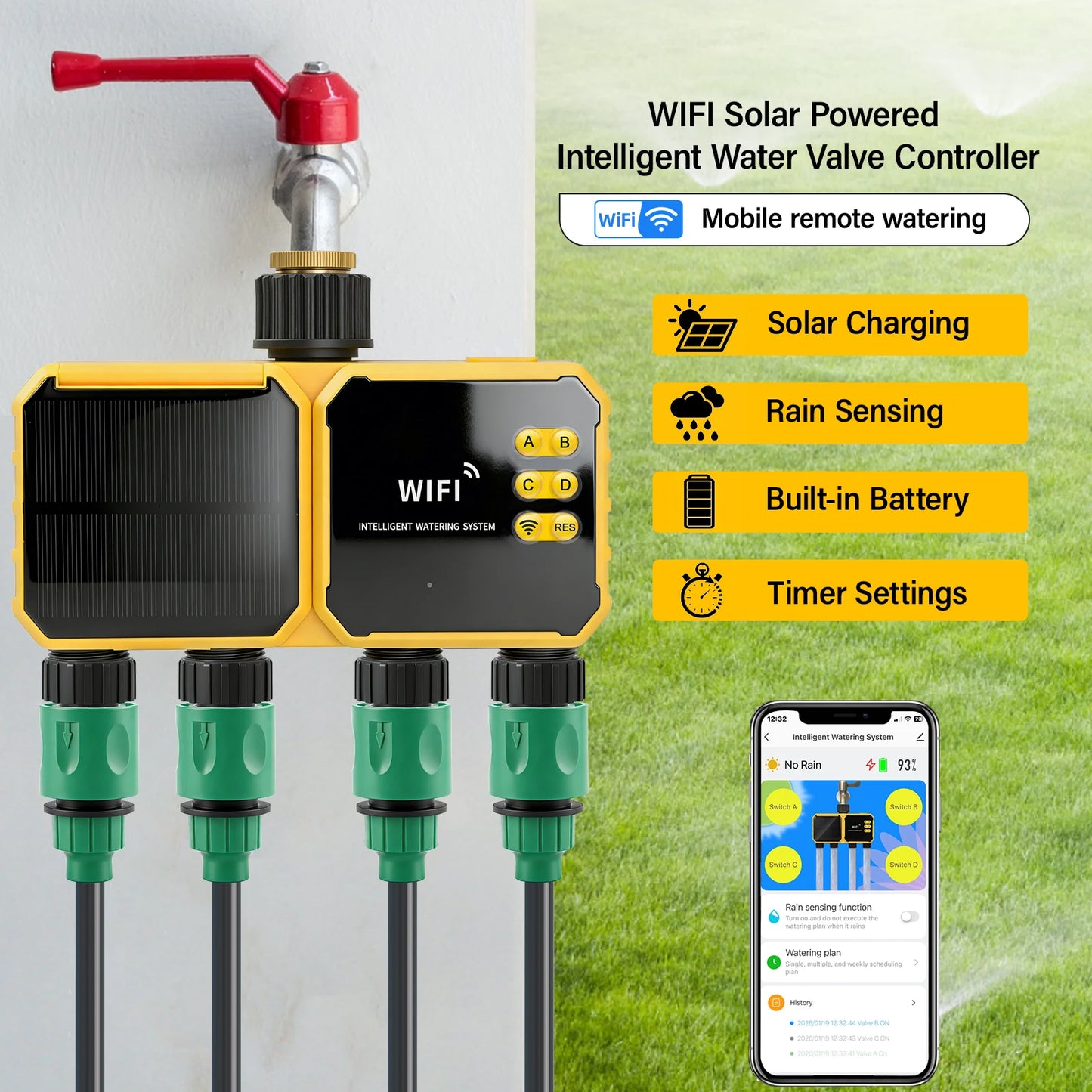 Solar WiFi 4-Zone Smart Water Timer
Solar-powered, app-controlled, 4 independent zones. Rain sensor auto-skips watering. IPX6 waterproof. Perfect for gardens & lawns.