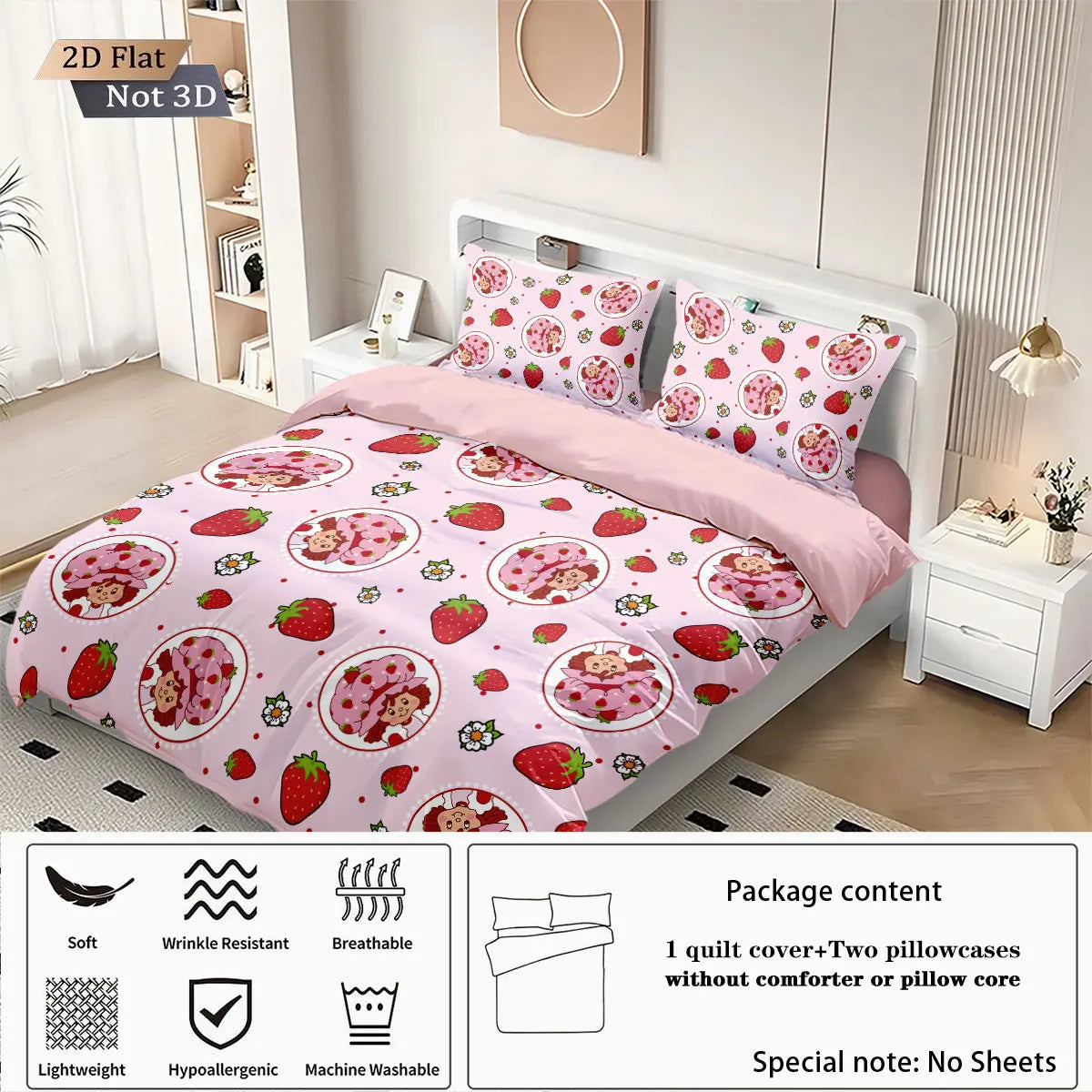 3pcs Pink Strawberry Girl Printed Down Duvet Cover Set, Multi Size Bedroom Bedding Decoration, Machine Washable