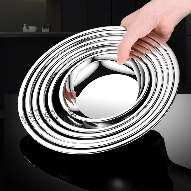 Thick Round 316 Stainless Steel Dinner Plate Food Grade Trays Salad Fruit Meal Pan Kitchen Steak Seafood Flat Cooking Bowls