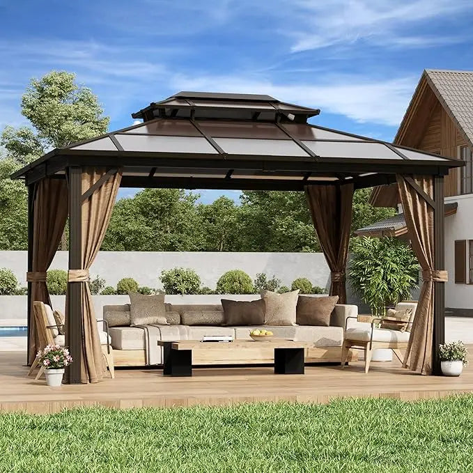 10'x13' Hardtop Gazebo, Outdoor Polycarbonate Double Roof Canopy, Aluminum Frame Permanent Pavilion with Curtains and Netting