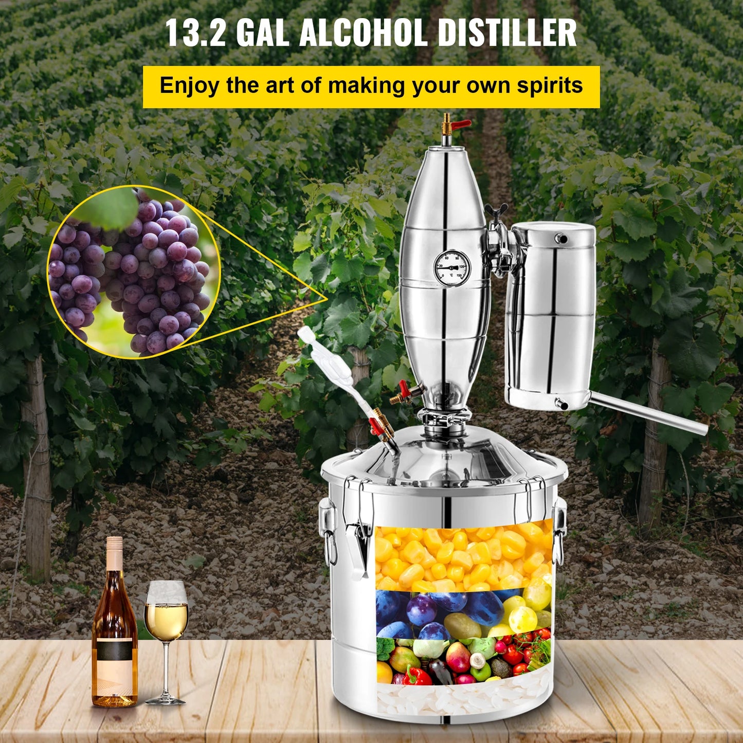 SucceBuy 50L 13.2Gal Water Alcohol Distiller 304 Stainless Steel Alcohol Still Wine Making Boiler Home Kit with Thermometer