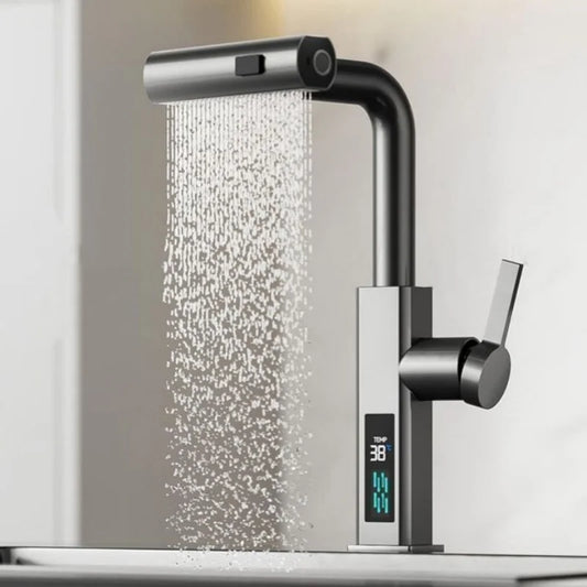 Waterfall Temperature Digital Display Pull Out Kitchen Faucet 3 Modes Stream Sprayer Hot Cold Water Sink Mixer Wash Tap