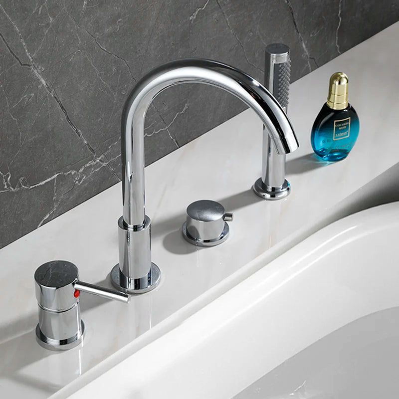 4-Piece Bathroom Faucet Set – Deck-Mounted Includes basin and bathtub mixer taps with handheld shower. Hot and cold water mixer for versatile bathroom use.