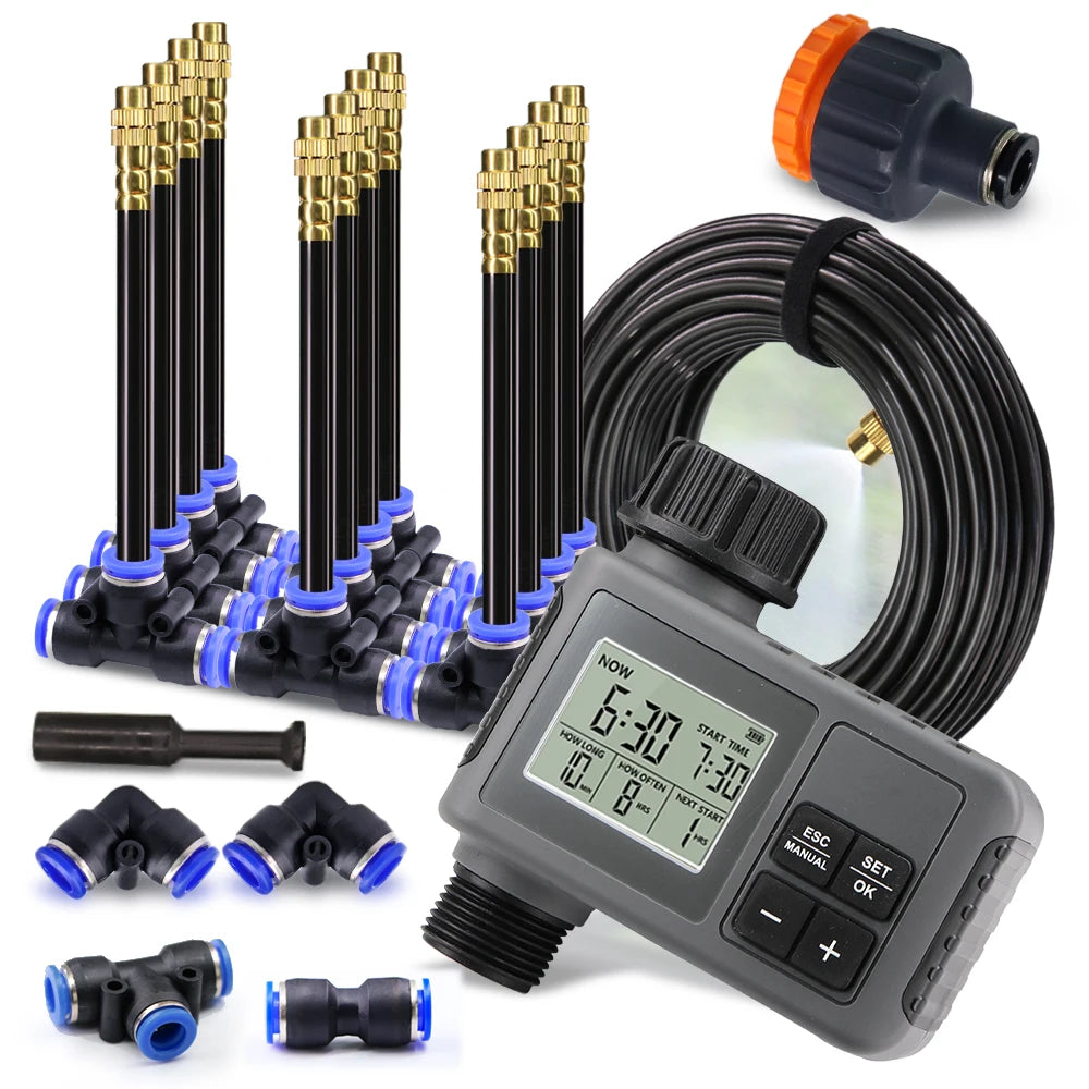 Garden Programmable Timer Misting Cooling System 360° Free-bend Misting Nozzle Adjustable Atomizer Sprayer Outdoor Watering Kits