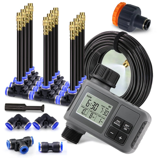 Garden Programmable Timer Misting Cooling System 360° Free-bend Misting Nozzle Adjustable Atomizer Sprayer Outdoor Watering Kits