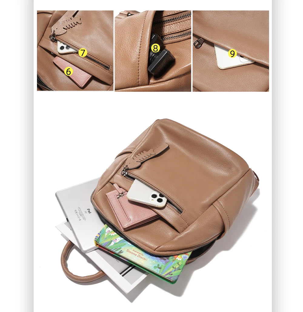 Soft Leather Women’s Backpack Large Capacity Crafted from premium cowhide leather with wide shoulder straps and multiple pockets. Stylish, durable, and perfect for everyday use.