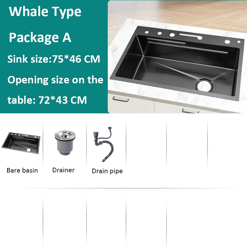 kitchen multifonction sink set whale waterfall faucet 50L large capacity tank size 68x46cm cabinet storage home appliance