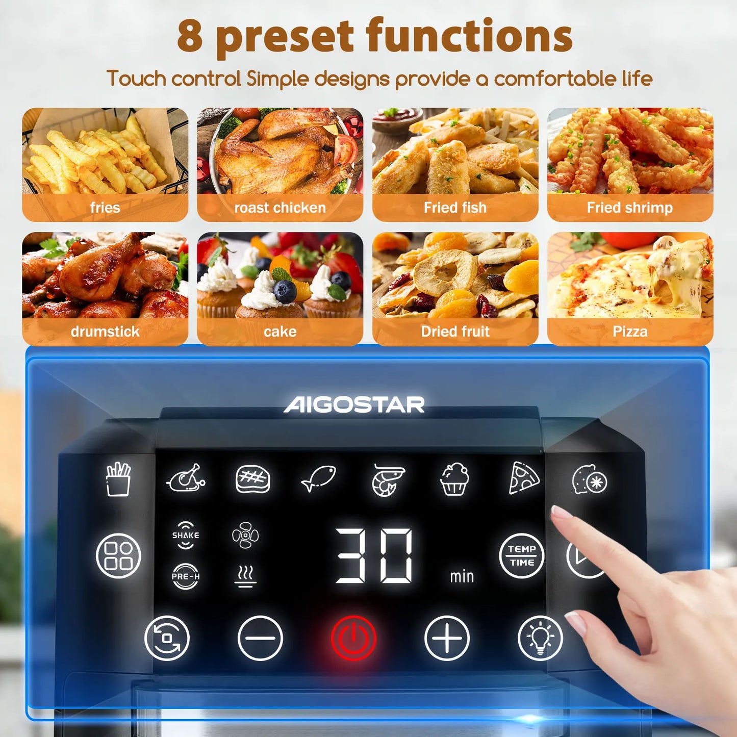 Aigostar Owen 12 Litre Air Fryer Multifunction 1700W LED Touch Screen 8 Preset Modes Includes 7 Accessories Rotary System BPA FR