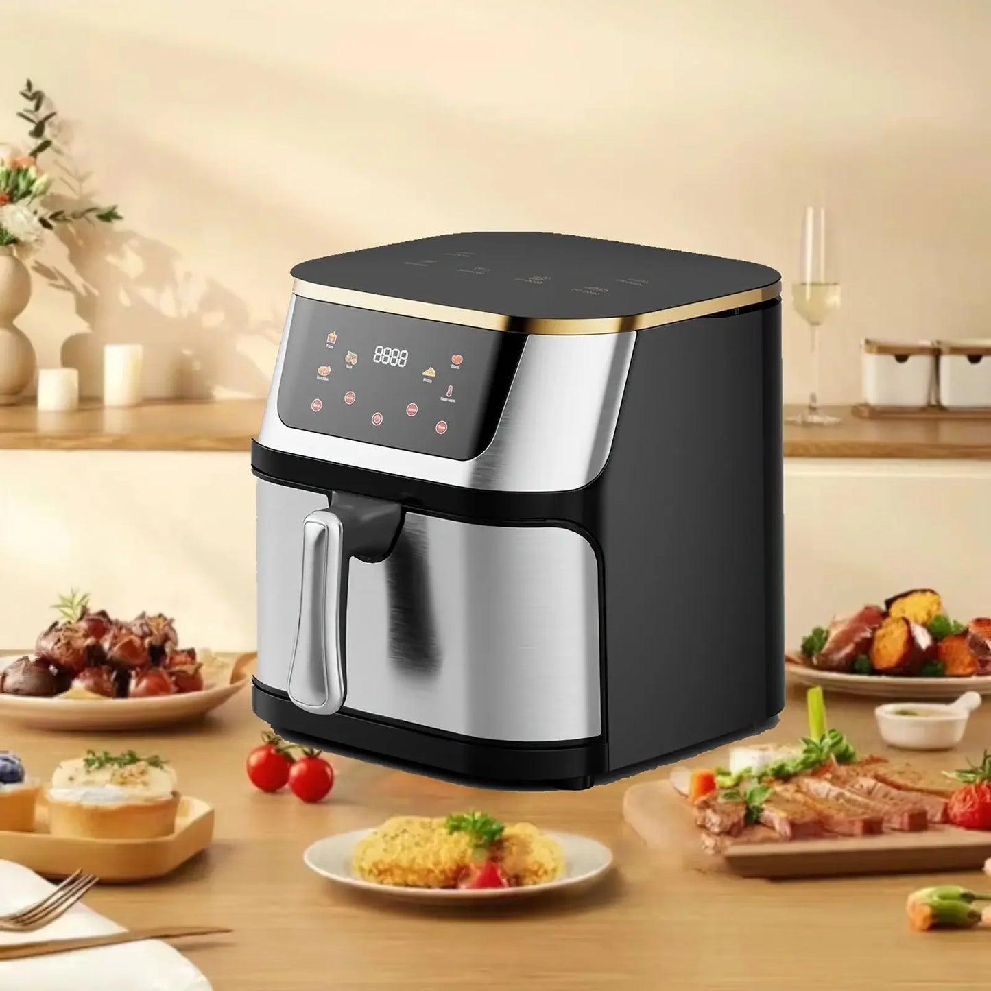 8L Stainless Steel Visible Large Capacity Electric Air Fryer, Multi-function Air Oven, LED Touch Screen,210 ° High Temperature