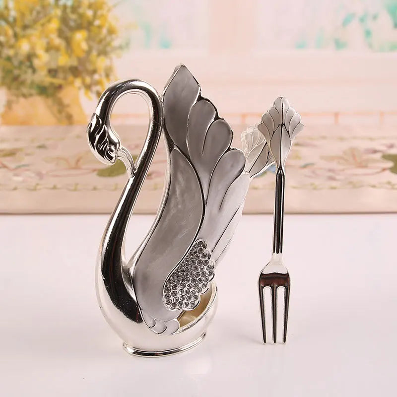 Creative Dinnerware Set Swan Base Holder Decorative Stainless Steel with 6 Spoons for Coffee Fruit Dessert Stirring Mixing