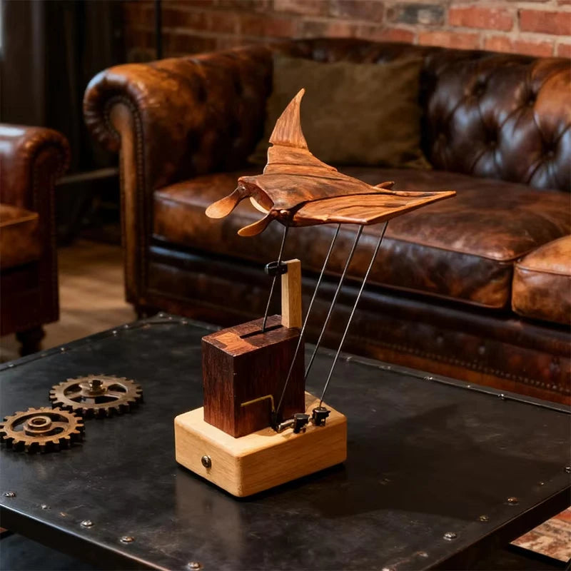 Artisan Wooden Manta Ray Automaton – Handcrafted Kinetic Décor Hand-cranked mechanical design with a DIY puzzle build. Unique ocean-inspired ornament perfect for display or gifting.