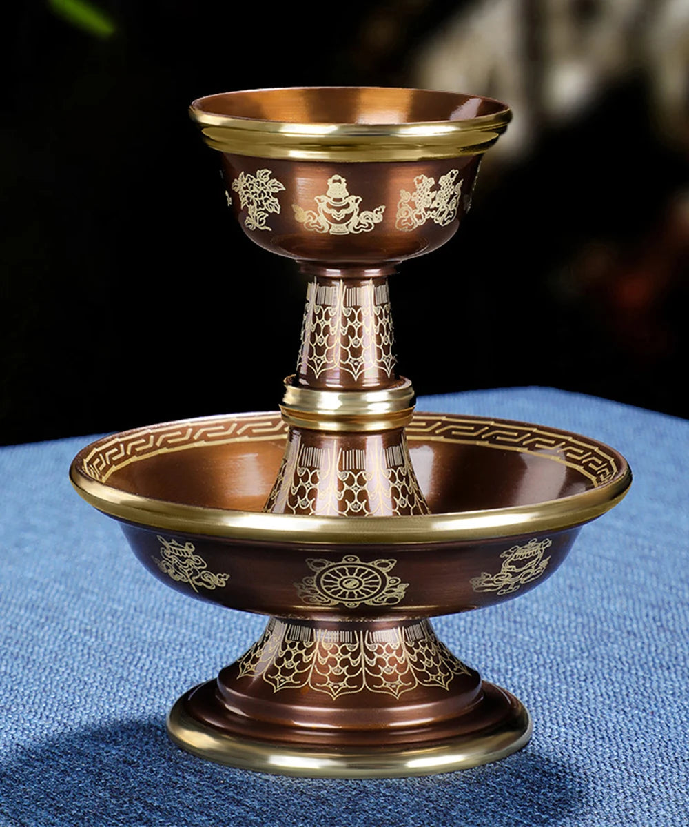 Pure copper Tibetan Tribute guardian cup, Eight-auspicious carved 2-layer Buddhism Holy water cup, Buddhist ornaments, 1 set