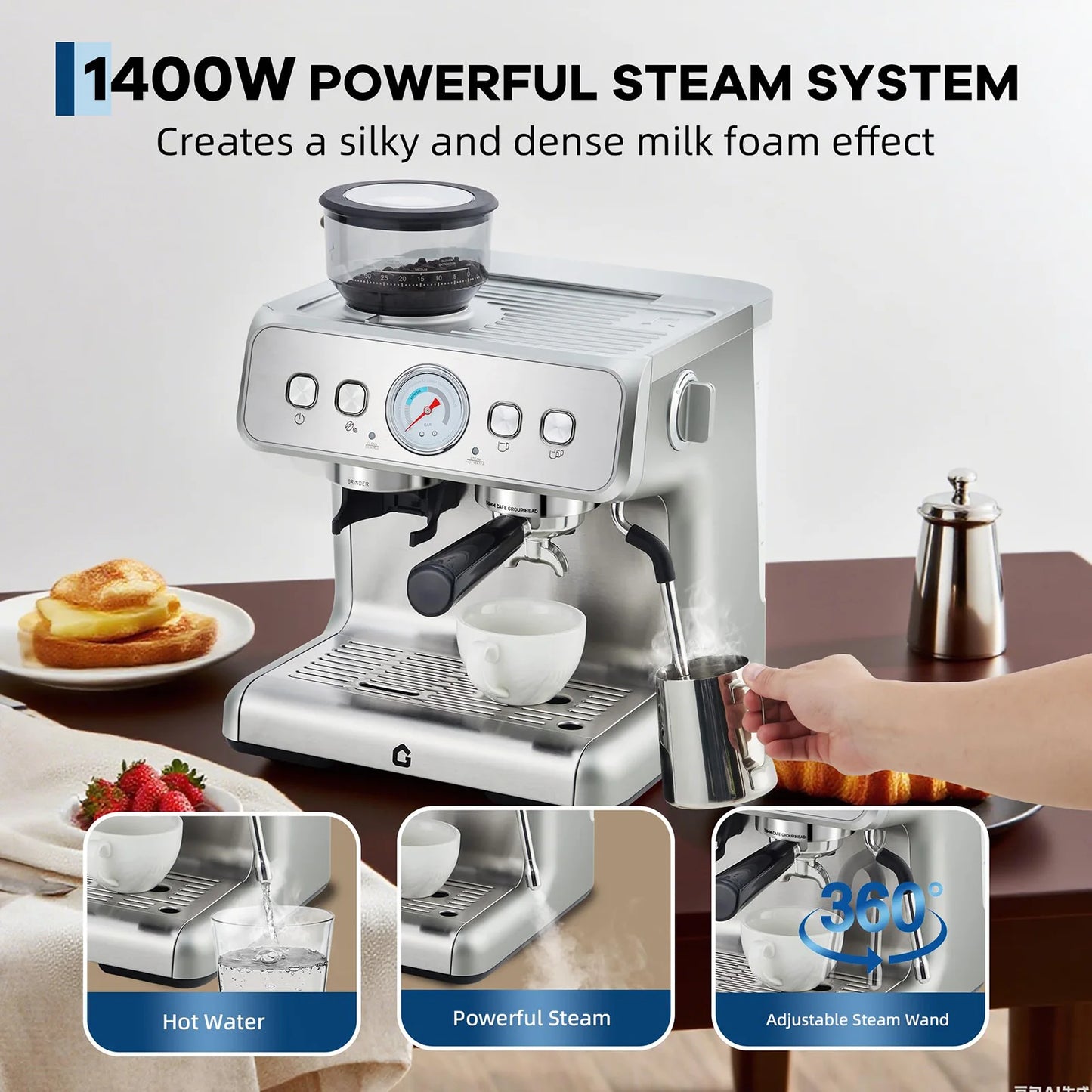 20 Bar Stainless Steel Espresso Machine With Grinder & Milk Frother 2.8L Removable Tank Adjustable Shot Volume For Home Office