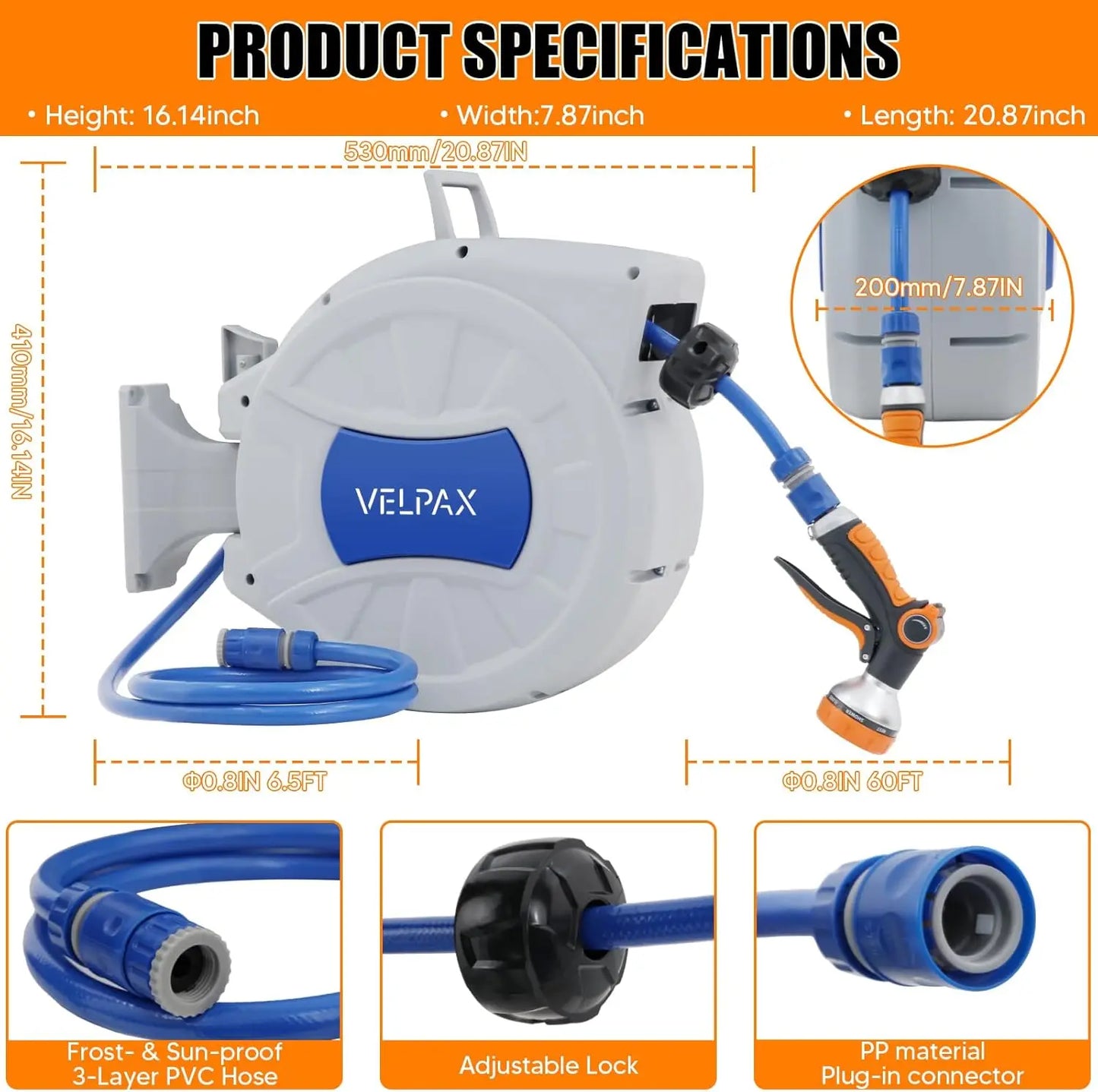 30M Wall-Mounted Garden Hose Reel with 8-Function Spray Gun
Features 180° swivel, 2 nozzle options, and automatic rewind for easy storage and convenient watering.