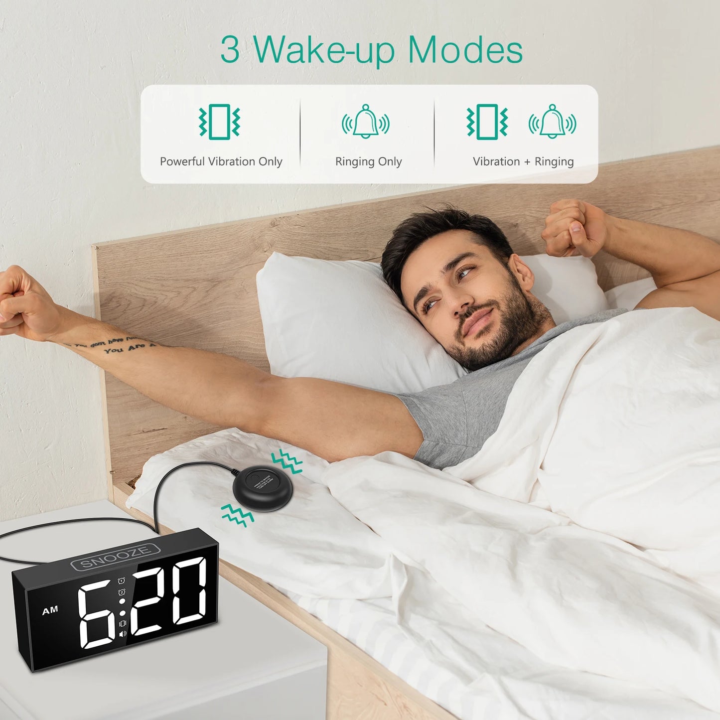 ORIA Vibrating Alarm Clock 7.5'' Large Display LED Clock Loud Alarm Clock with Bed Shaker for Heavy Sleepers Hearing Impaired