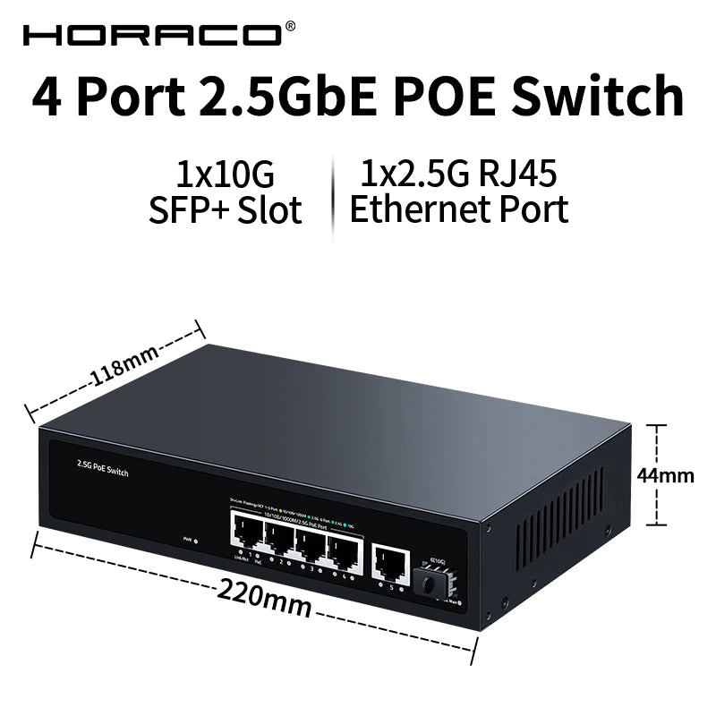 HORACO 2.5G PoE Switch 5 Port 2500Mbps 10G SFP+ Slot 65W IEEE802.3af/at for WiFi 6e AP,VoIP Phone,Surveillance,POE Camera