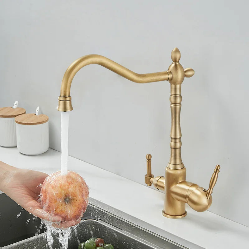 Brass antique light luxury three-in-one pure water faucet household sink wash basin hot and cold water faucet splash-proof E1489