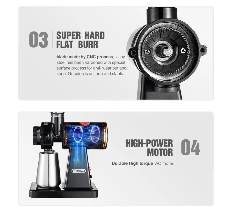 HiBREW 8 Settings Electric Coffee Bean Grinder for Espresso or American Drip coffee Durable Flat Burr  Die-casting Housing G1