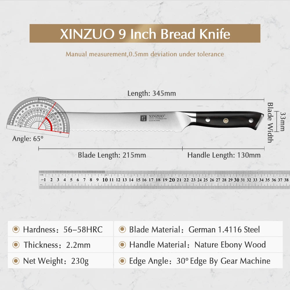 XINZUO German 1.4116 Stainless Steel  9'' Bread Knife 58HRC Serrated Design Cutter Tool For Cutting Bread Cheese Cake Gift Box