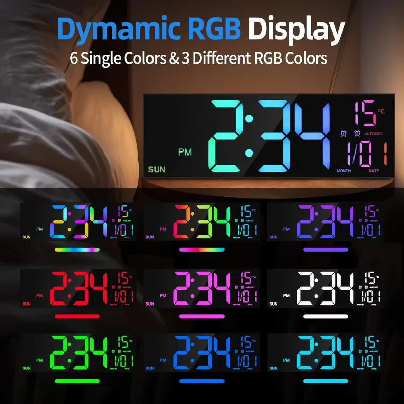 16.2'' Large Digital Wall Clock with Remote Control Big LED/Dual Alarm/8 RGB Colors Alarm Electronic Watch