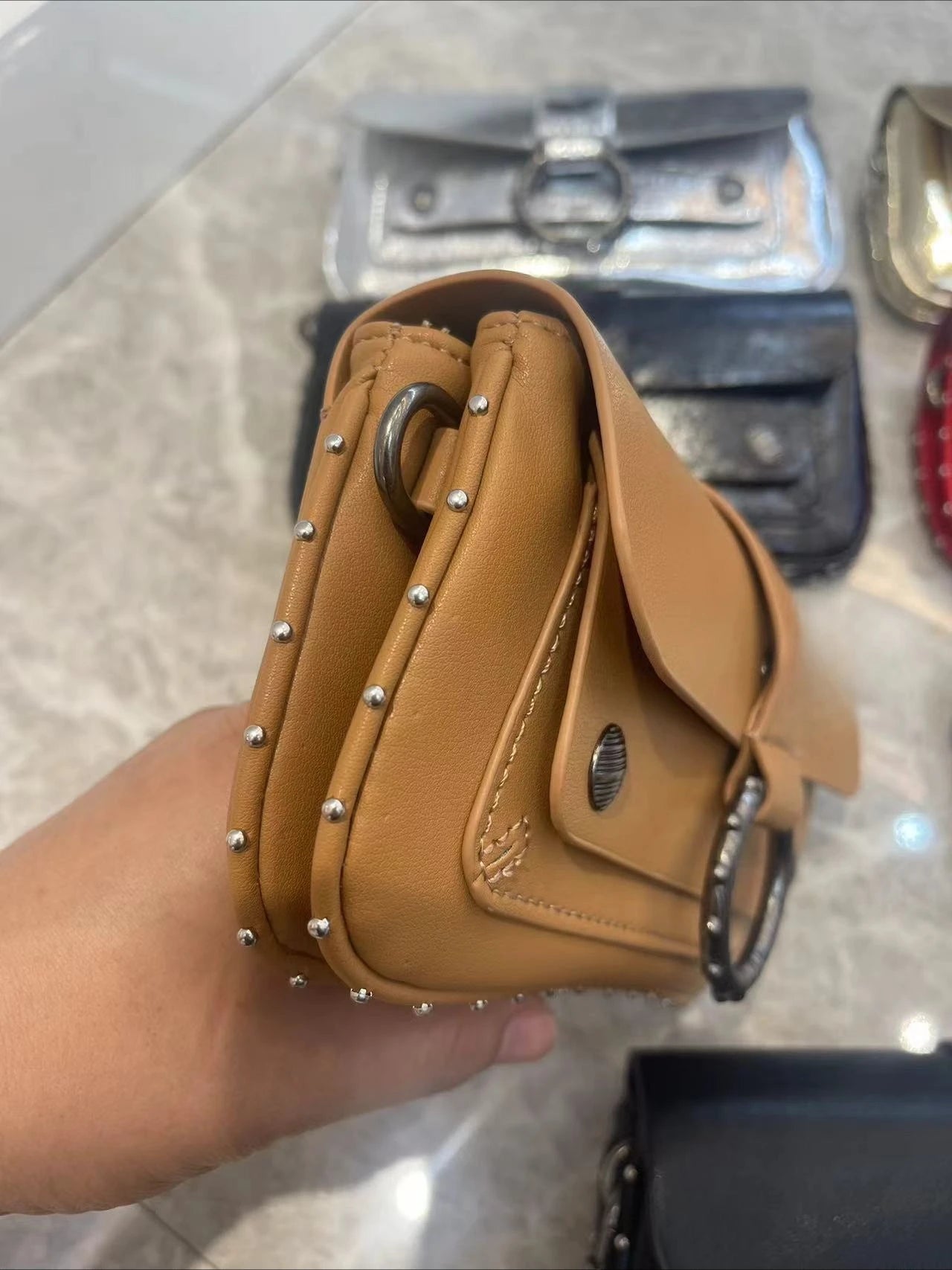Multi-Color French Design Mini Waist Bag Classic Rivet Style Chic round design with a simple, versatile look. Compact and stylish, perfect for everyday wear.
