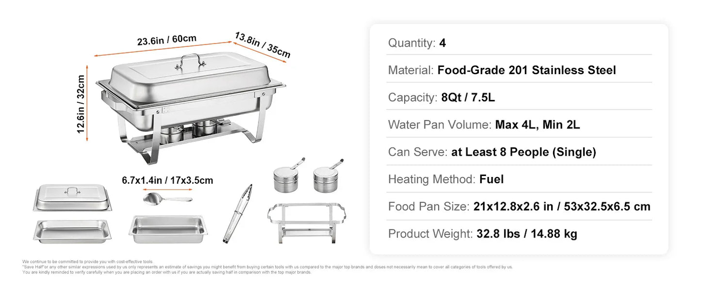 SucceBuy 8QT Rectangle Chafing Dish 2/4/6 Packs w/ Full Size Pans Buffet Catering Warmer Server Folding Stand Fuel Holder Tray