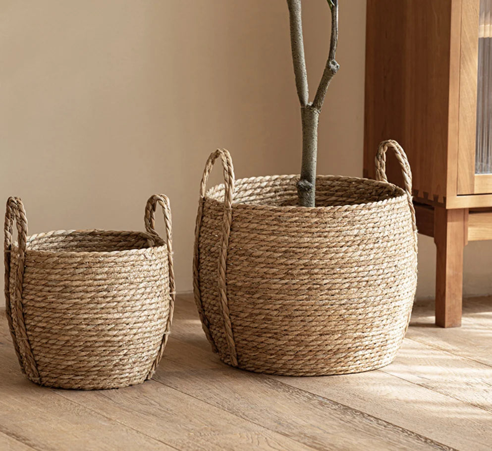 Home Garden Balcony Placed Pastoral Style Seaweed Hand-woven Flower Pot Decorative Flower Basket With Handle