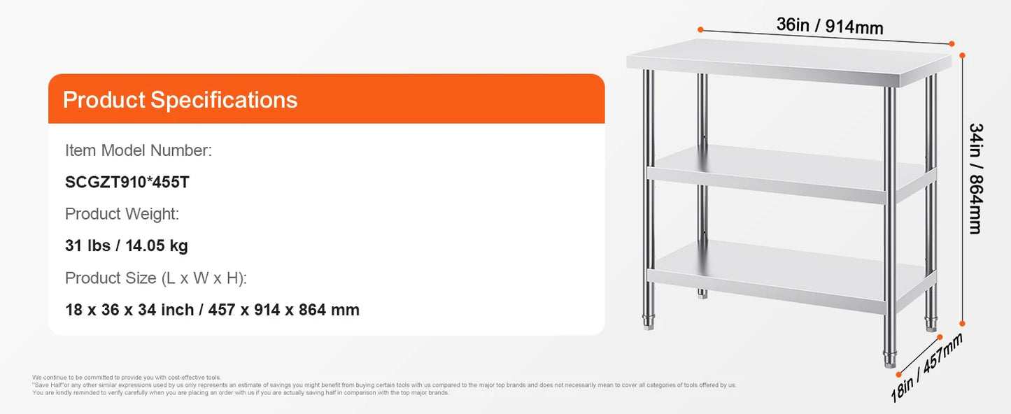 SucceBuy Stainless Steel Food Prep Table Commercial Kitchen Worktable with 2 Adjustable Undershelf for BBQ Kitchen Home Garage