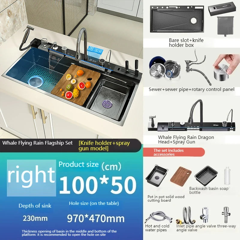 Extra Large Stainless Steel Waterfall Kitchen Sink Embossed Single Solt Digital Display Multifunctional Dishwashing Sink