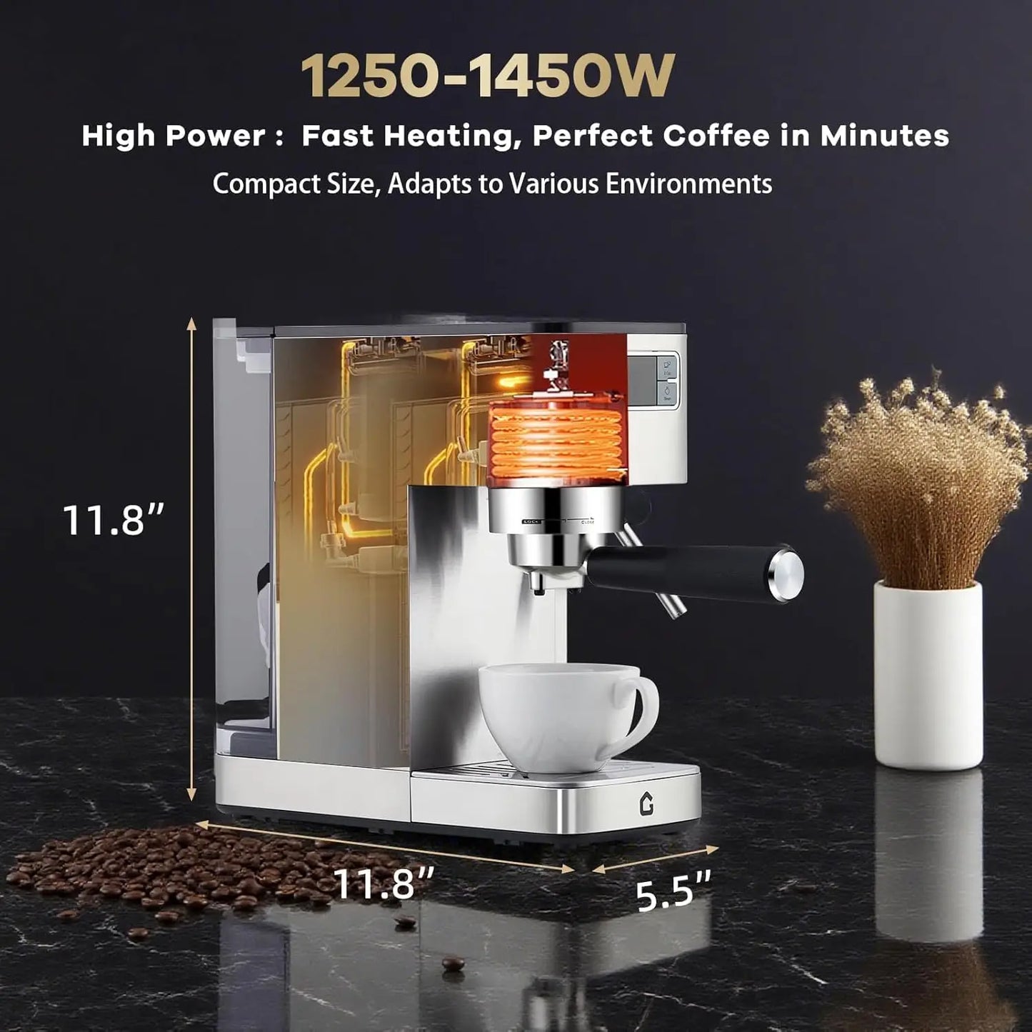20 Bar Espresso Machine Stainless Steel With Steam Milk Frother Compact Home Barista Coffee Maker For Latte Cappuccino Moka