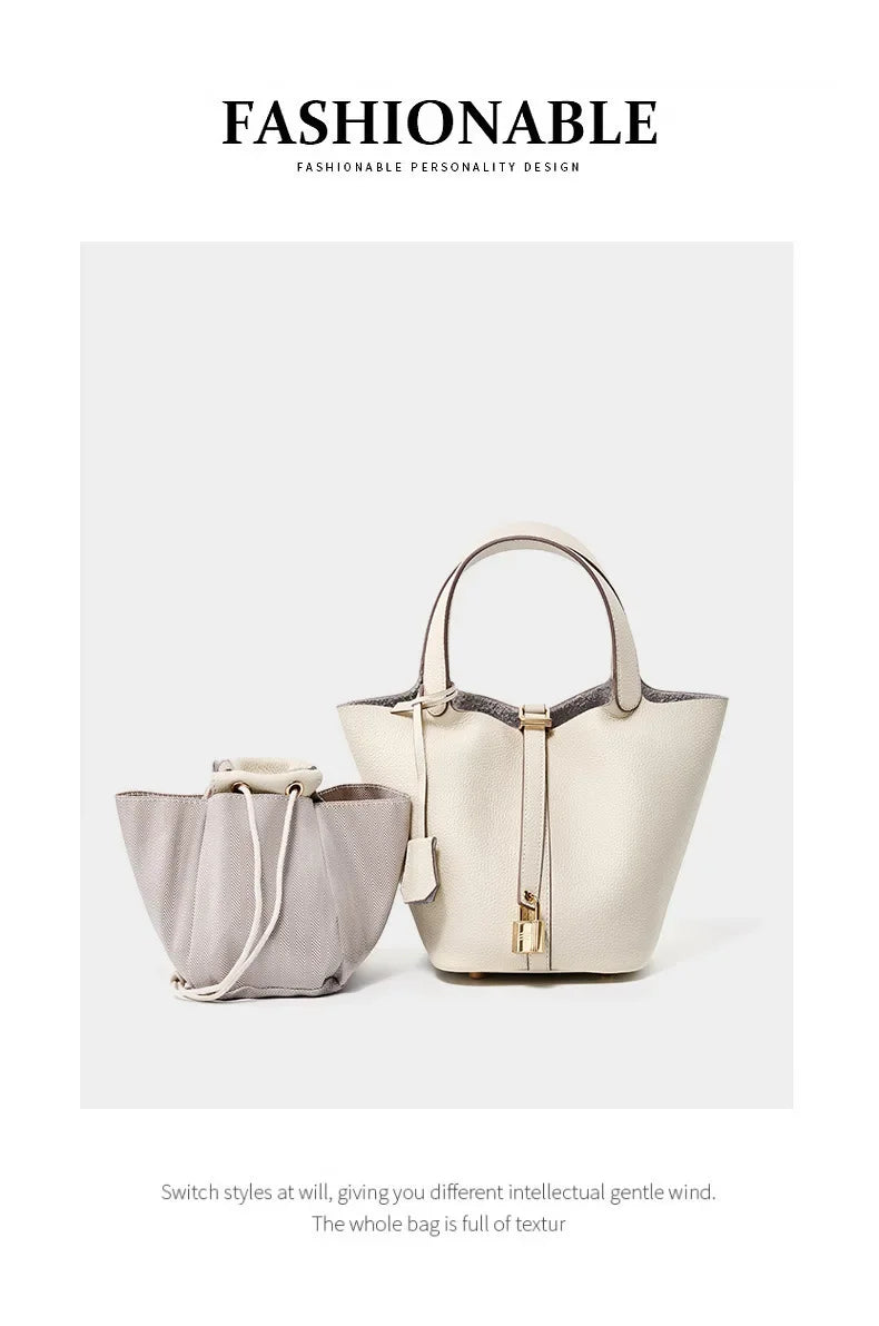 Women’s Leather Bucket Handbag A soft, stylish summer essential featuring a modern basket design with a convenient mobile phone pocket.