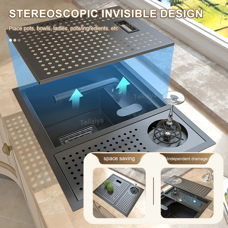 Hidden Cup Washer Bar Sink Stainless Steel Kitchen Sink Multifunctional Wash Basin Mini Small Single Slot With Cover Plate