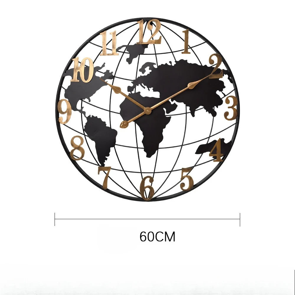 Round Silent Non-Ticking Battery Operated Wall Clocks 60/75/90cm Large Map Wall Clock Metal Minimalist Clock for Living Room