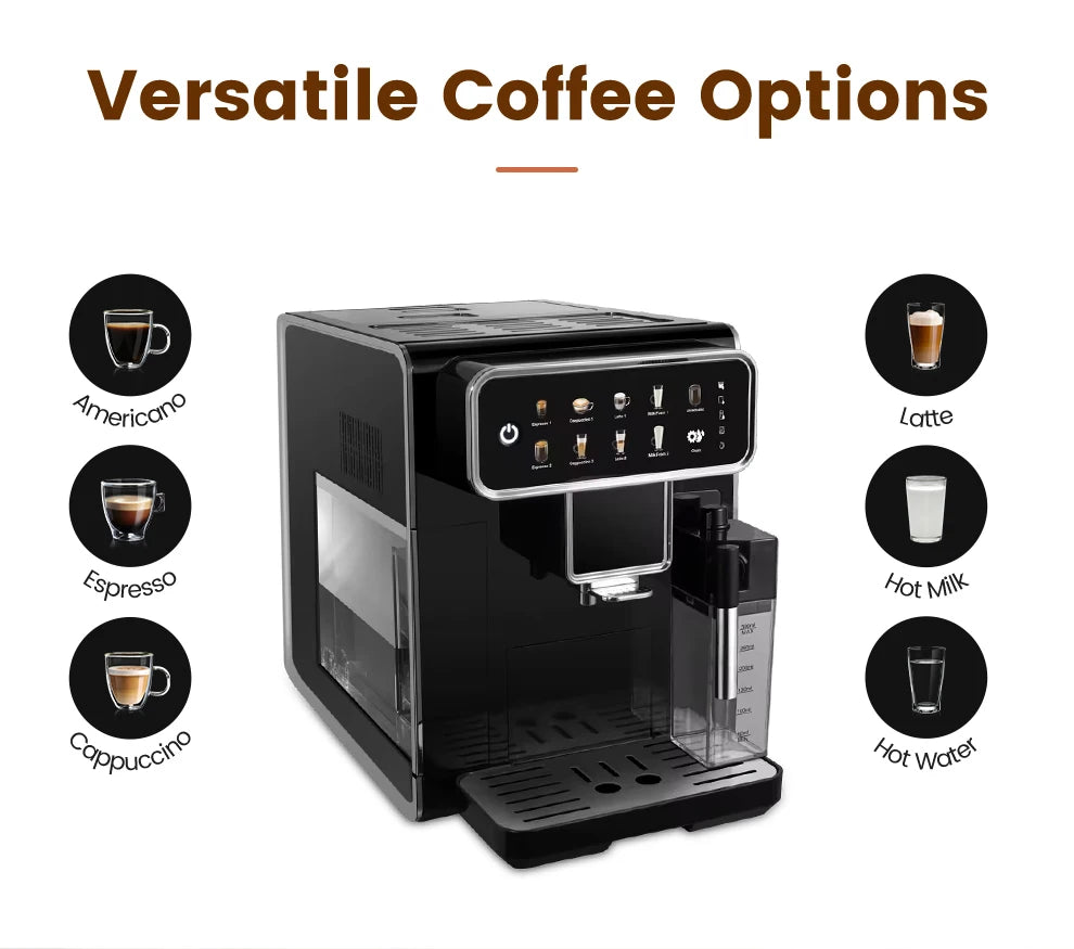 AM7203 Automatic Espresso Machine Features built-in milk frother and water tank, touchscreen control, and 7 coffee varieties. Perfect for easy, café-style drinks at home.