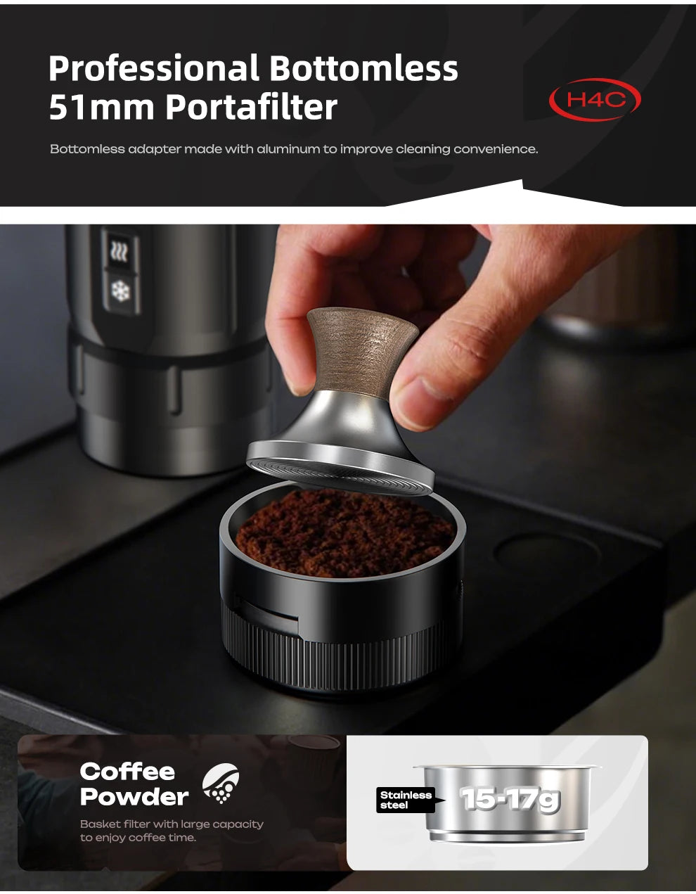 HiBREW H4C Portable Espresso Coffee Machine Wireless Heating Removable Battery Barista Ground Coffee Bottomless Extraction