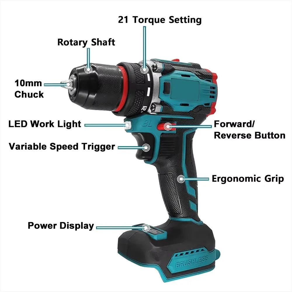 10mm Brushless Electric Impact Drill Driver 2-Speed Cordless Power Tool for Home DIY Construction 18V Battery Not Included