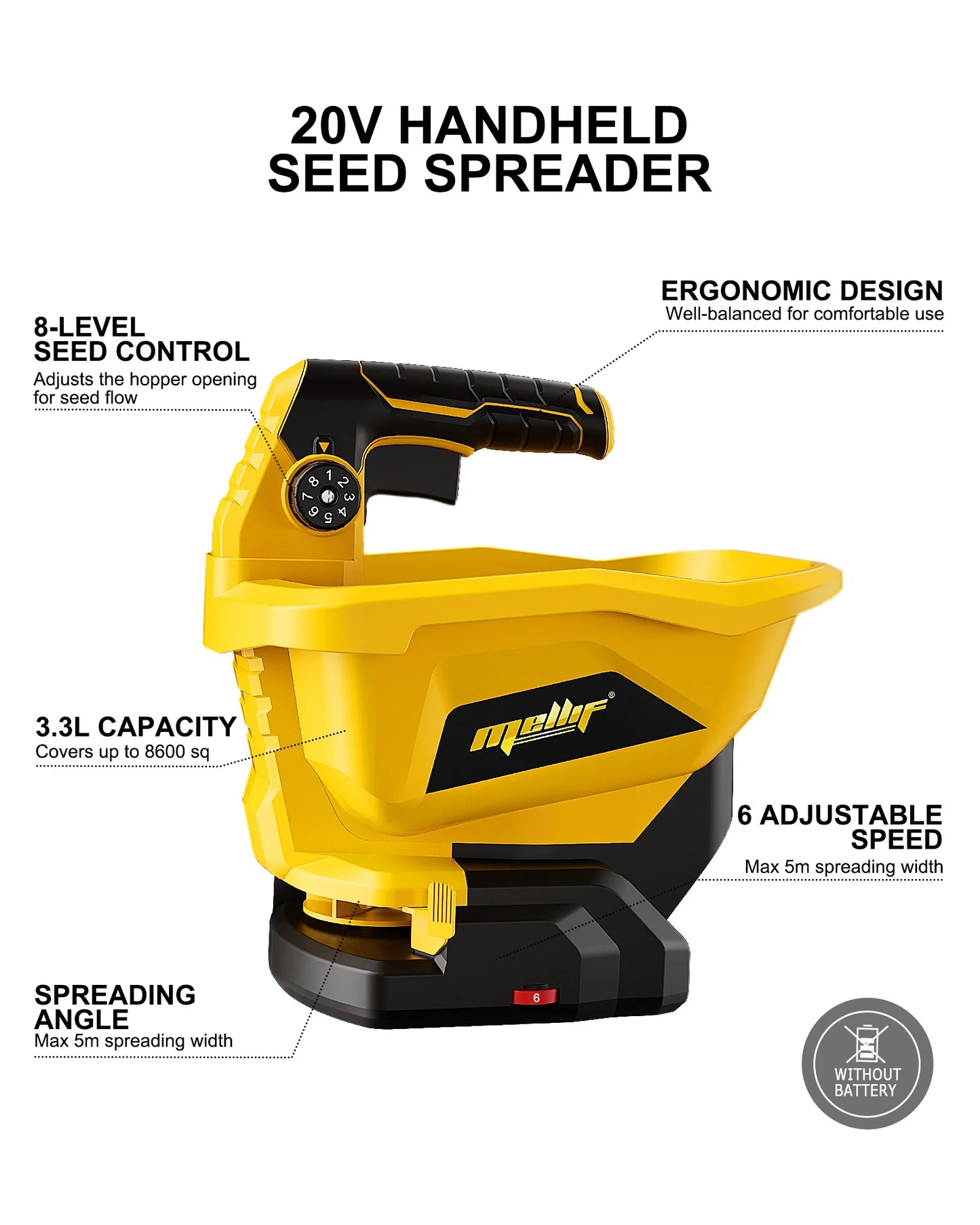 Cordless Handheld Spreader  Dewalt 18V/20V Compatible Battery powered electric spreader (battery not included). Perfect for grass seed, fertilizer, ice melt, or lawn care. Lightweight, cordless, easy one-hand operation.