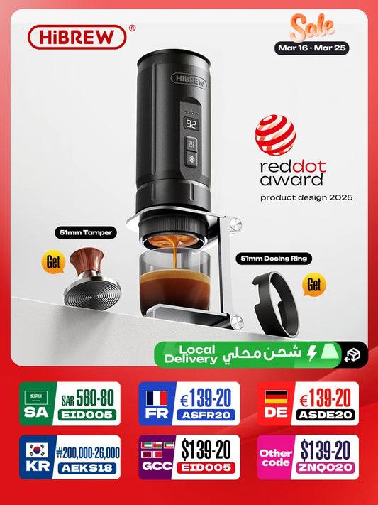 HiBREW H4C Portable Espresso Coffee Machine Wireless Heating Removable Battery Barista Ground Coffee Bottomless Extraction