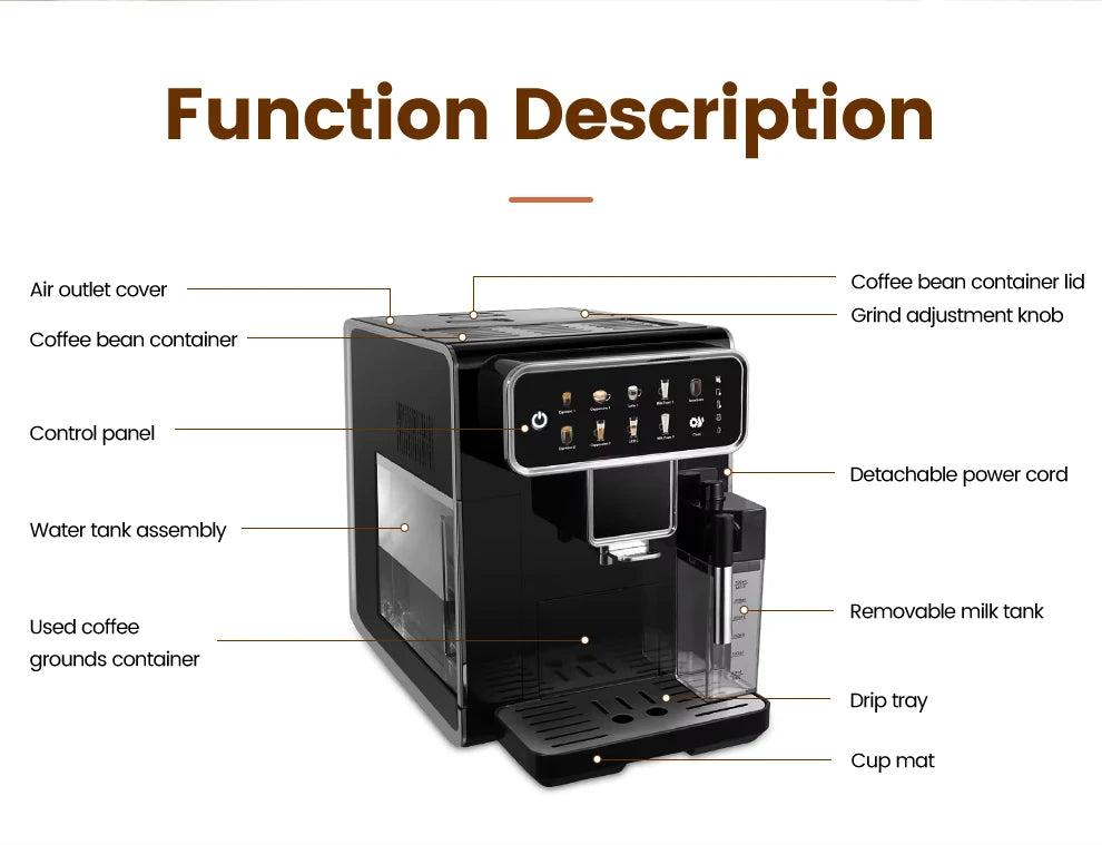 AM7203 Automatic Espresso Machine Features built-in milk frother and water tank, touchscreen control, and 7 coffee varieties. Perfect for easy, café-style drinks at home.