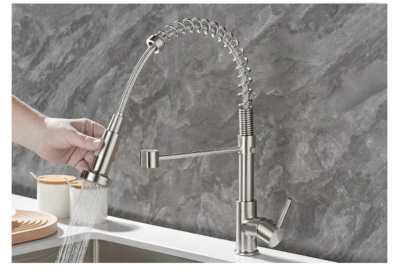 Brass kitchen sink faucet  360 degree rotating spring faucet  Single handle cold and hot mixed water tap